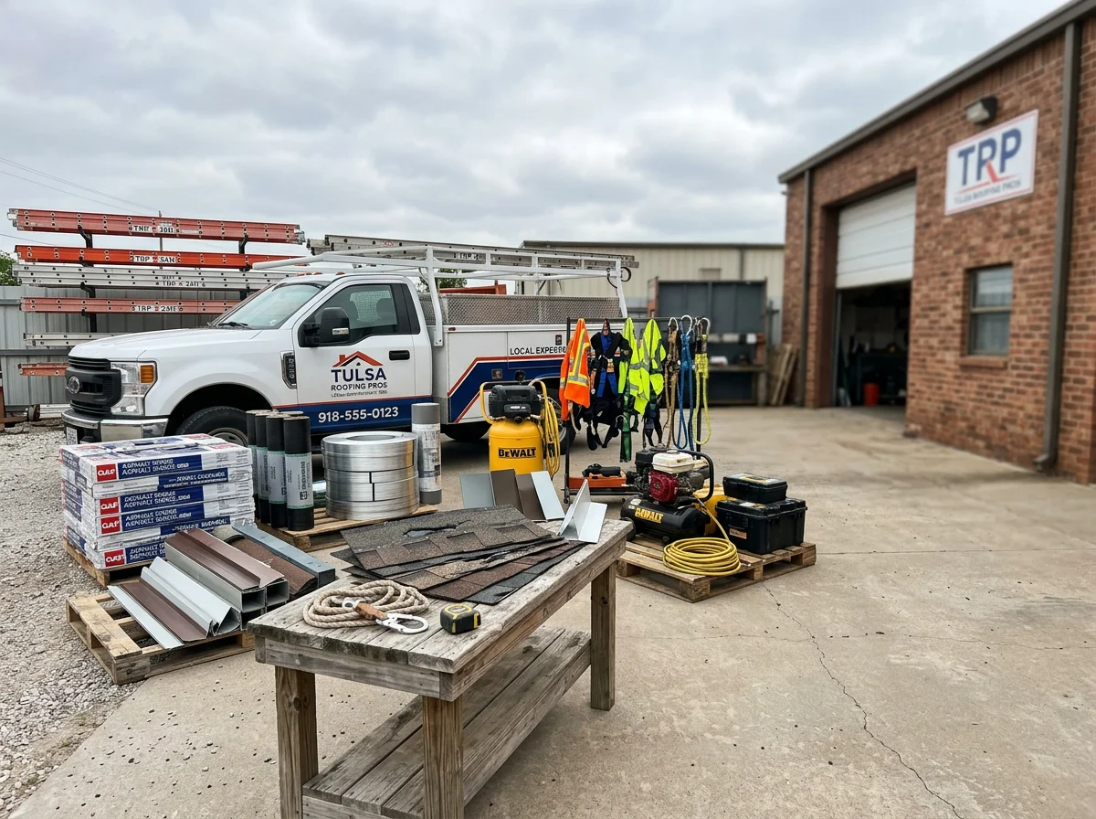 Professional roofing crew with tools and equipment ready for residential and commercial roof repair and restoration work.