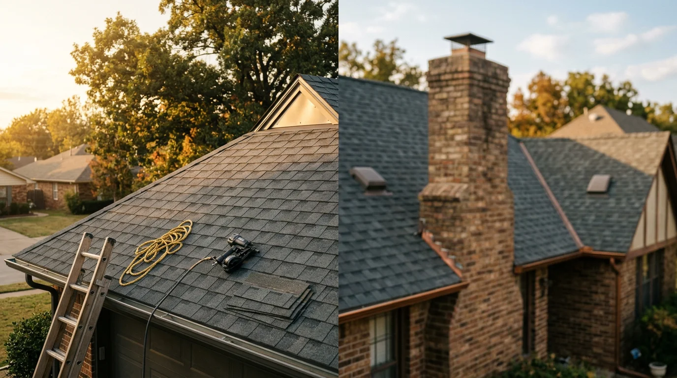 Professional roofer installing residential roof shingles on home in Tulsa