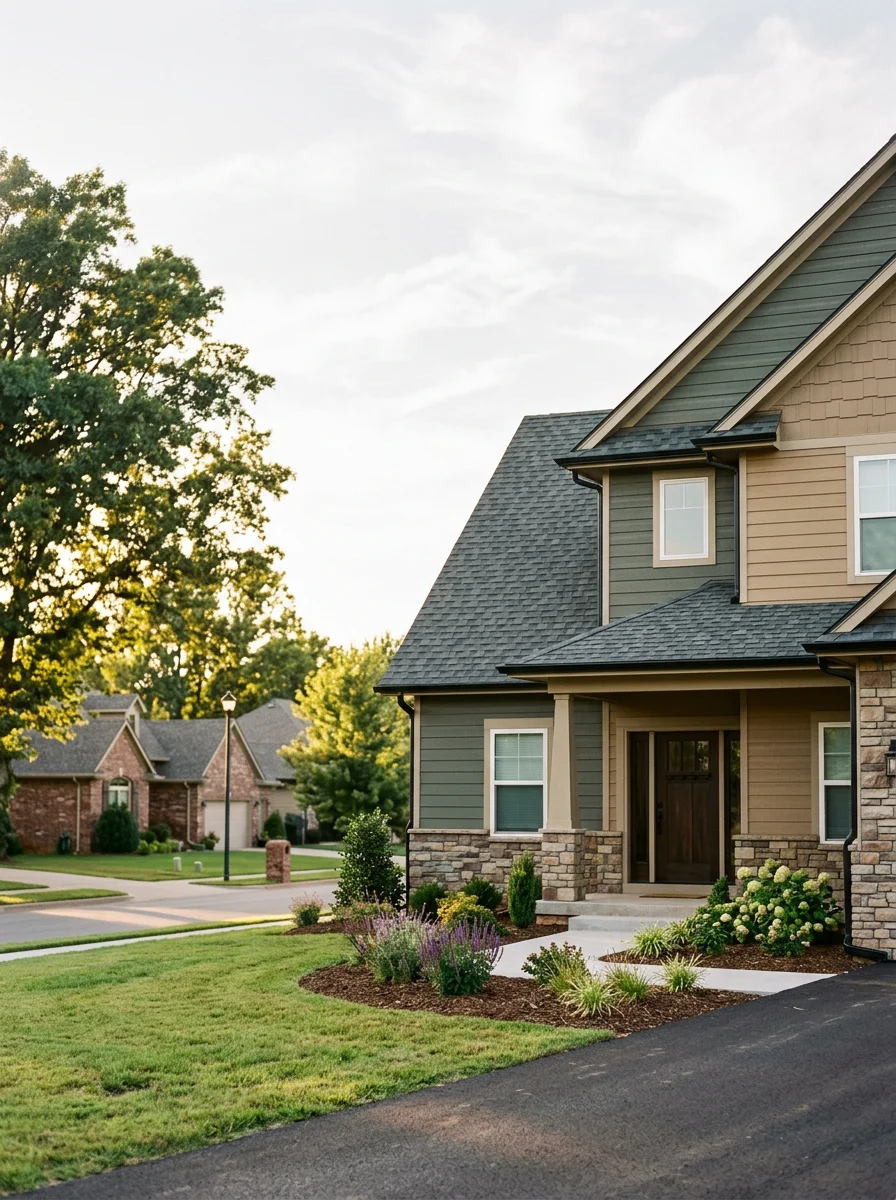 Bixby family in front of their home after completed project with new exterior finishes.