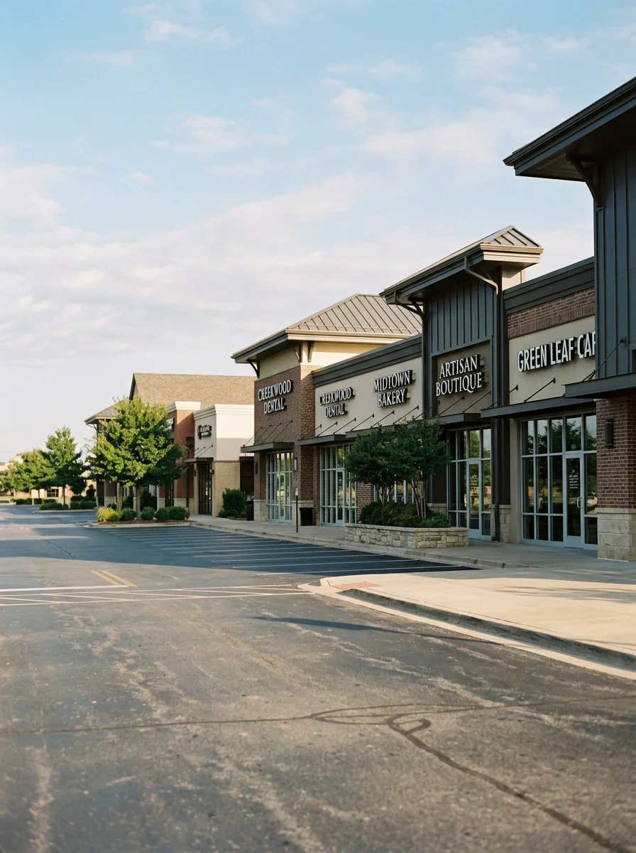 Broken Arrow commercial corridor with modern storefronts and well-maintained parking areas.