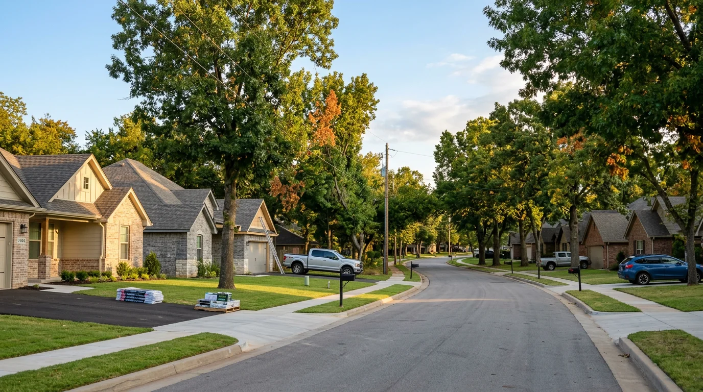 Suburban Owasso street with new residential construction and tree-lined lots under clear sky.