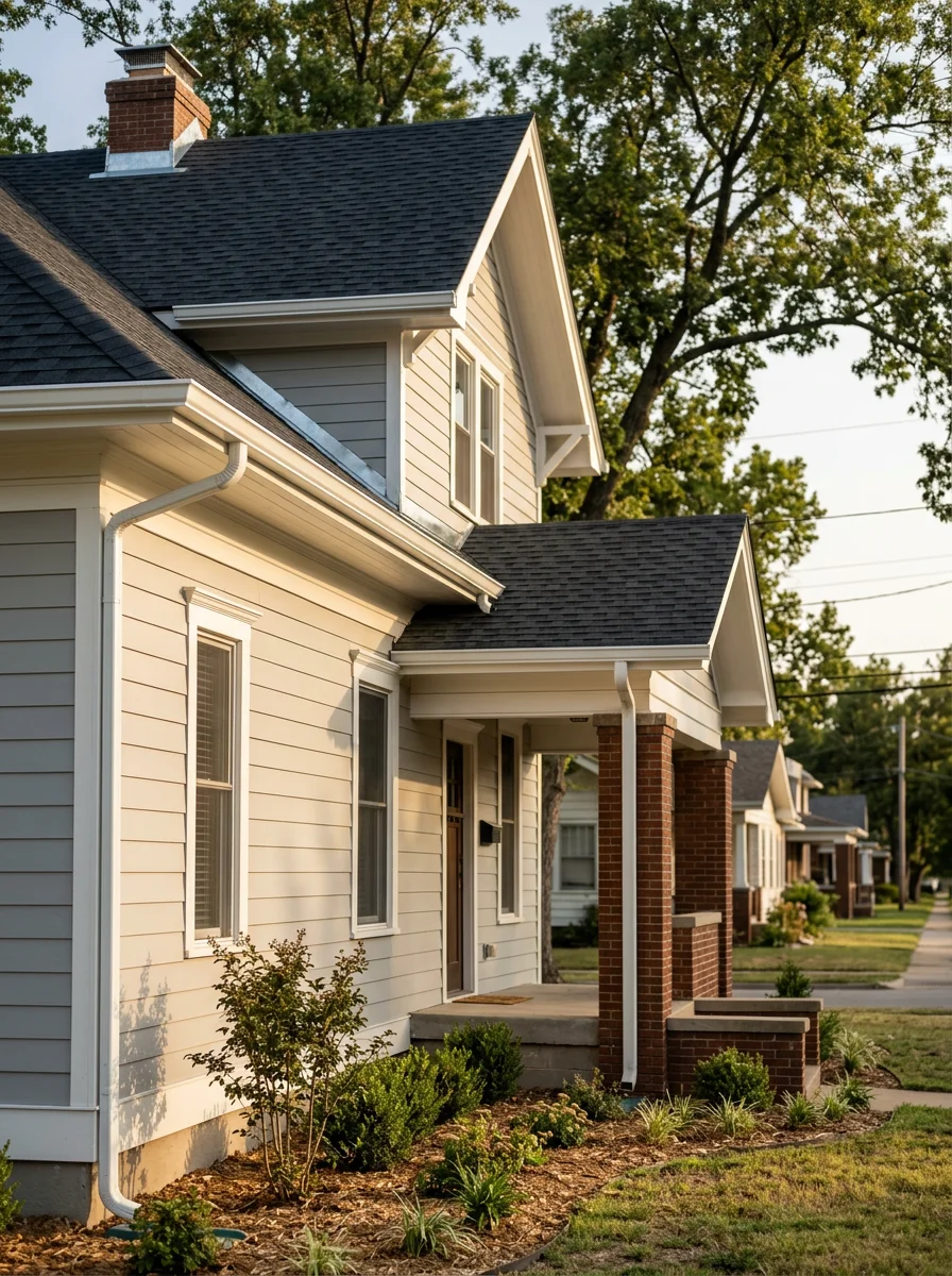 Sand Springs historic home exterior after renovation showing restored details and updated finishes.