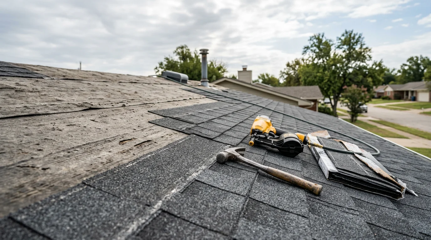 Freshly installed asphalt shingles on a residential home in Owasso, Oklahoma, with clean ridge lines and uniform granule coverage. The completed roof shows no visible damage or wear against a clear sky backdrop.