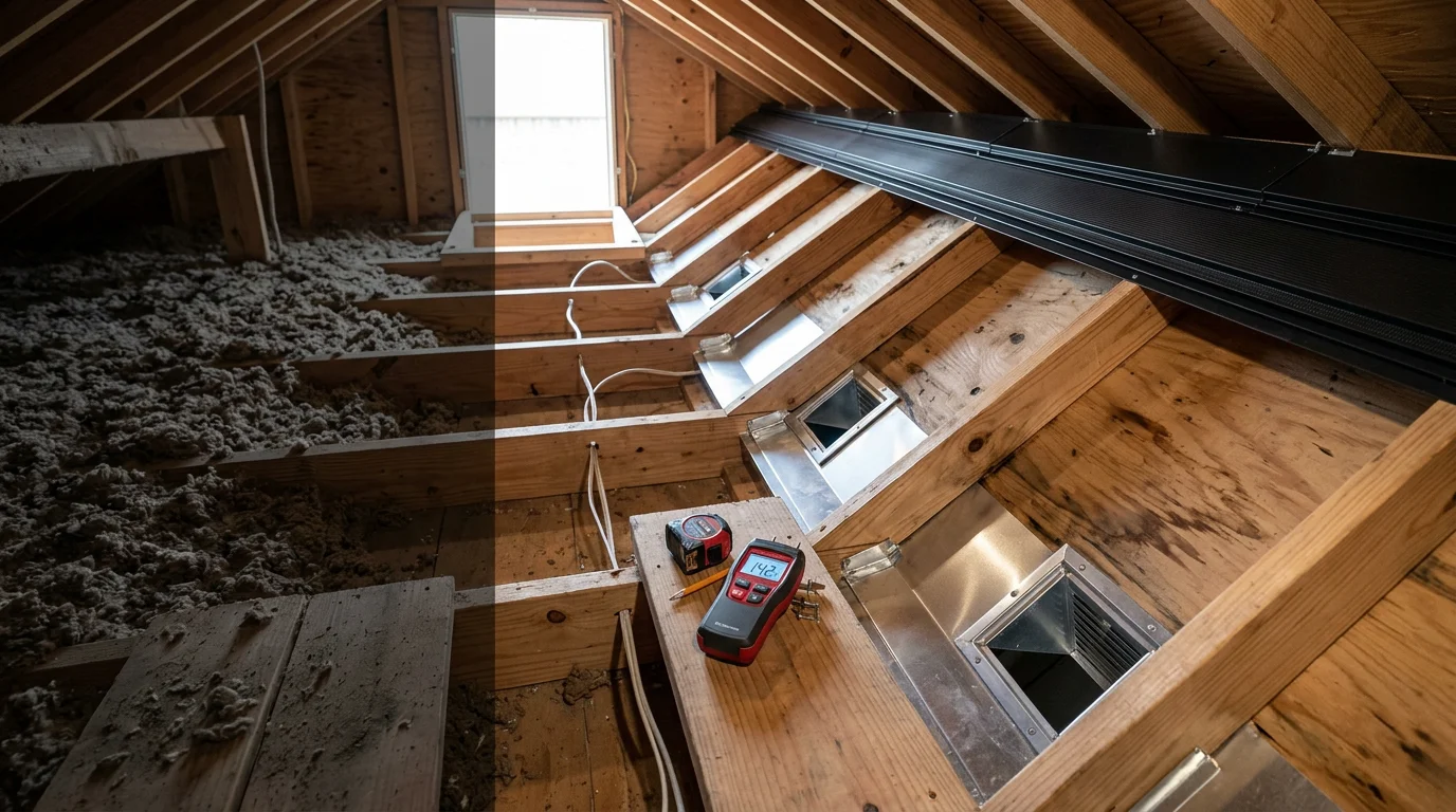 A roofing contractor installing ridge and soffit vents on a residential home in Owasso, Oklahoma. The image shows the balanced intake and exhaust vent system on a pitched asphalt shingle roof.