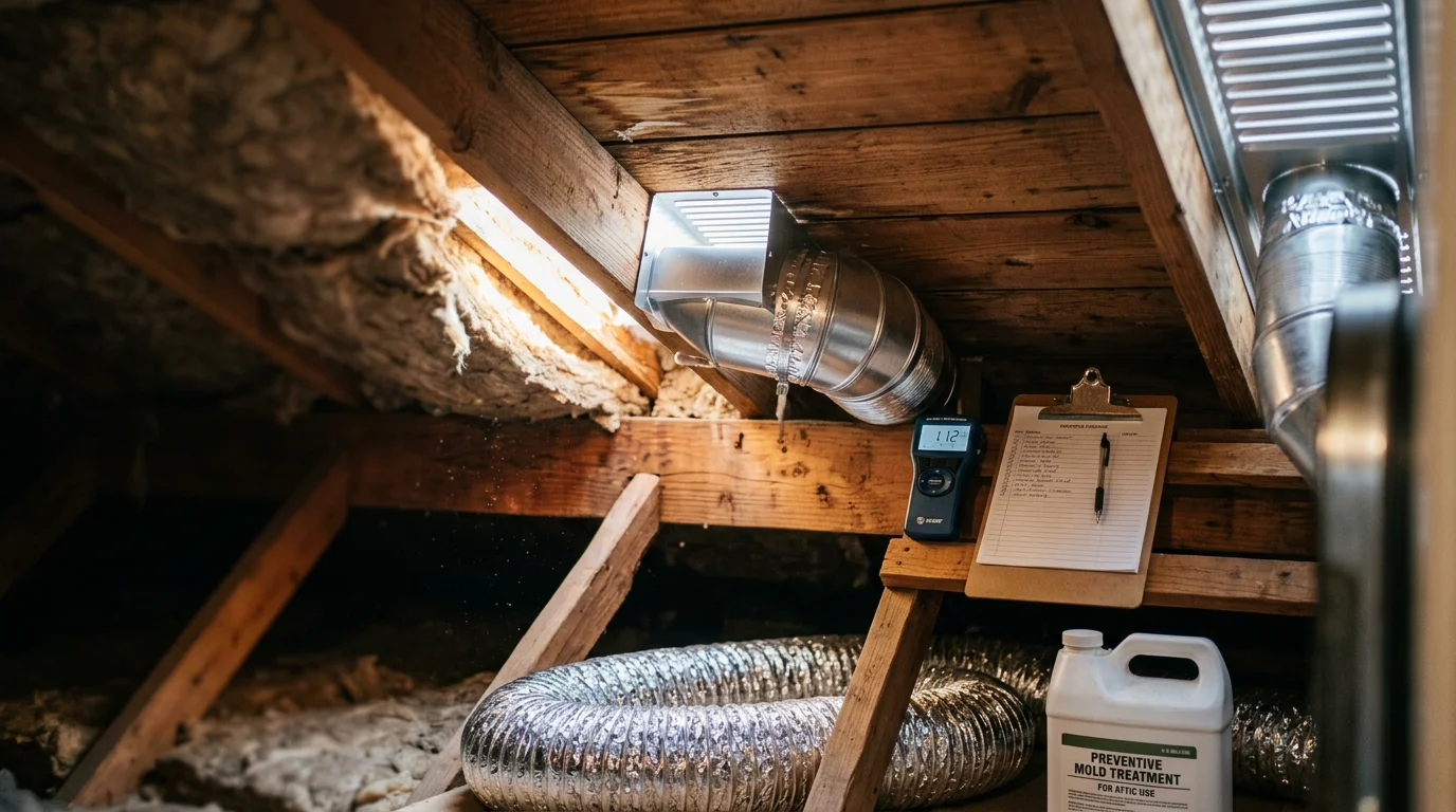 A roofing contractor inspecting ridge and soffit vents on a residential home in Owasso, Oklahoma. The image shows the roofline with visible vent openings being assessed for airflow balance and storm damage.