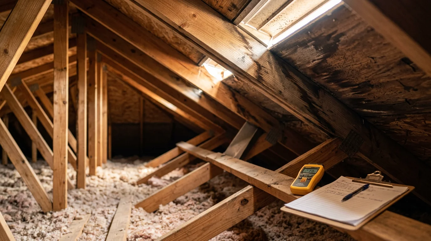 A roofing contractor inspecting attic soffit and ridge vents on a residential home in Owasso, Oklahoma. The image shows the roofline and vent placement on a typical suburban home under clear Oklahoma sky.