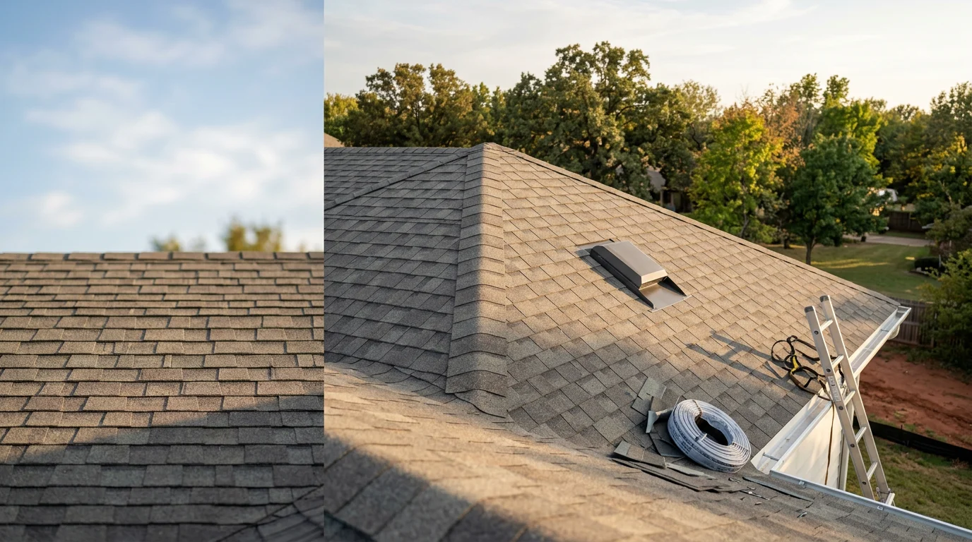 A completed brand new roof installation on a residential home in Owasso, Oklahoma, showing clean rooflines and full shingle coverage under a clear sky. The finished roof reflects the quality workmanship Rescue Roofing brings to every home in the Owasso area.