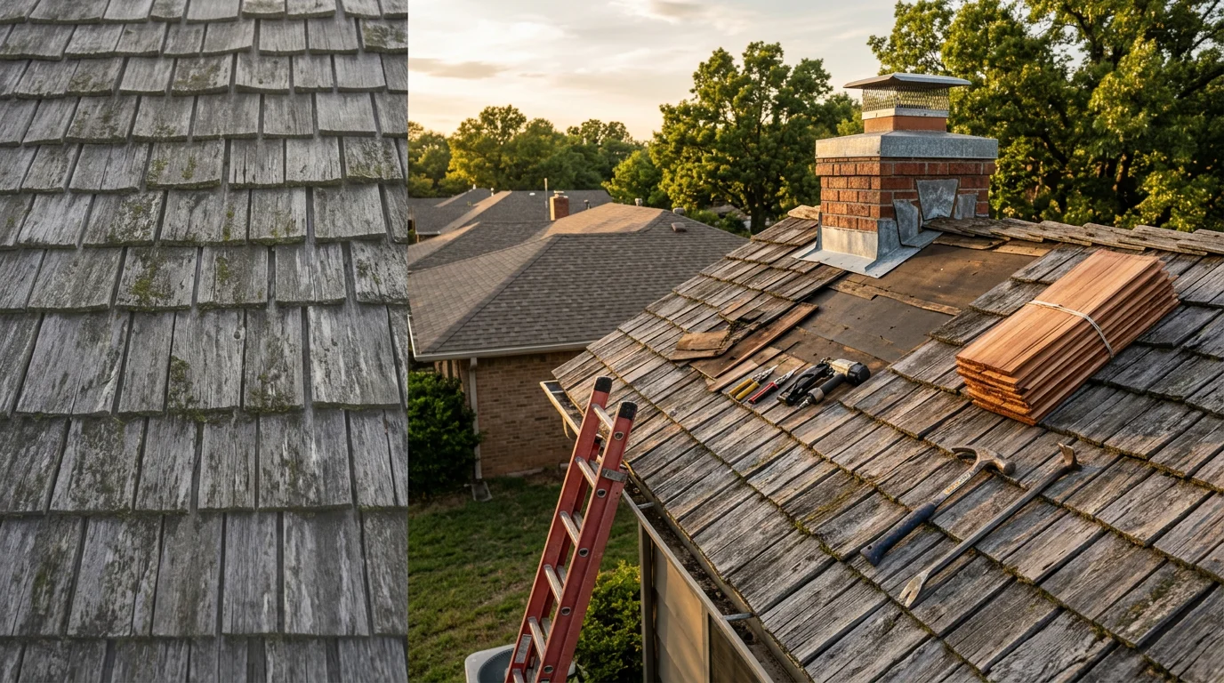 A cedar shake roof on a residential home in Owasso, Oklahoma, showing natural wood shakes with repaired sections blending into the existing roof. A roofing contractor inspects the ridge cap and flashing on a clear day.
