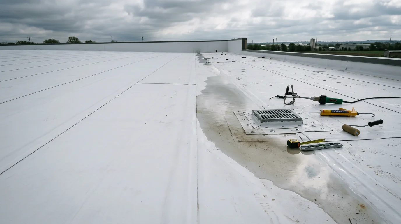 A commercial flat roof on a business building in Owasso, Oklahoma, showing a repaired low-slope membrane with clean flashing and functioning roof drains. The surrounding area reflects the northeast Oklahoma landscape.