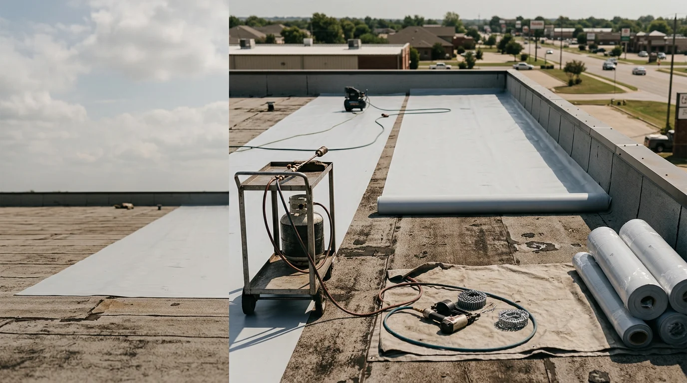 A completed commercial flat roof replacement on a low-slope building in Owasso, Oklahoma, showing a clean membrane surface with proper edge detailing and drainage points. The surrounding Owasso commercial area is visible in the background.