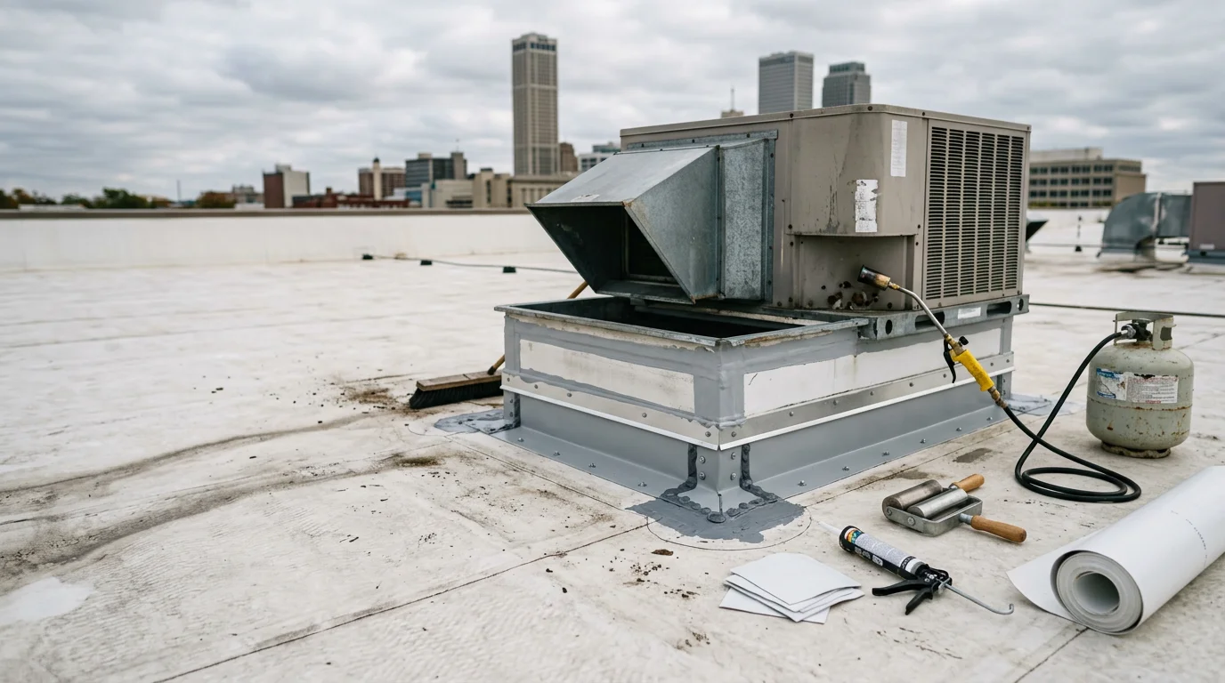 A commercial flat roof on an Owasso, Oklahoma building showing a completed membrane repair with sealed seams and restored flashing around an HVAC curb. Clear skies above the northeast Oklahoma roofline after storm damage restoration.