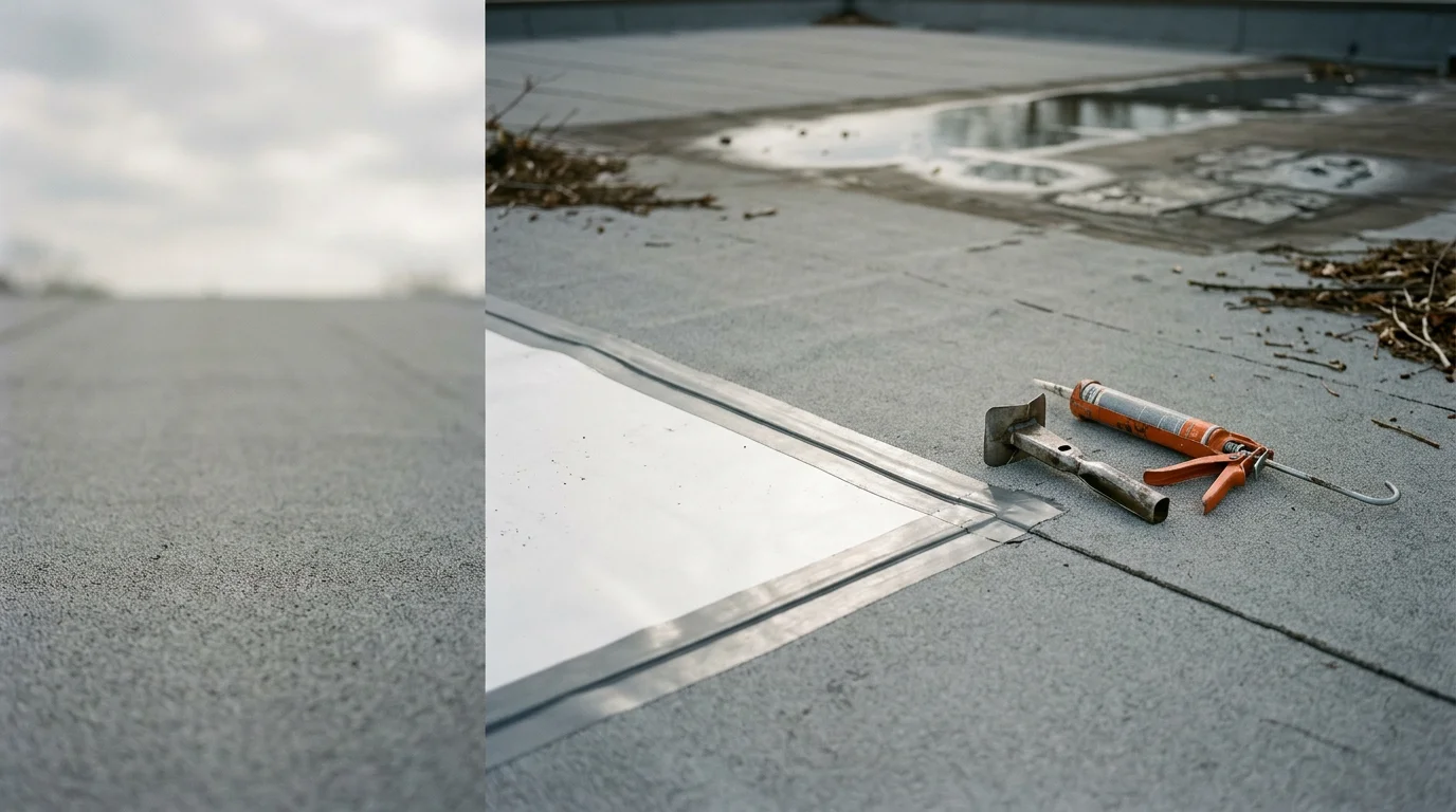A commercial flat roof on an Owasso, Oklahoma building showing a completed roofing membrane installation with visible seams and rooftop HVAC units. Clear sky overhead with the northeast Oklahoma landscape visible in the background.