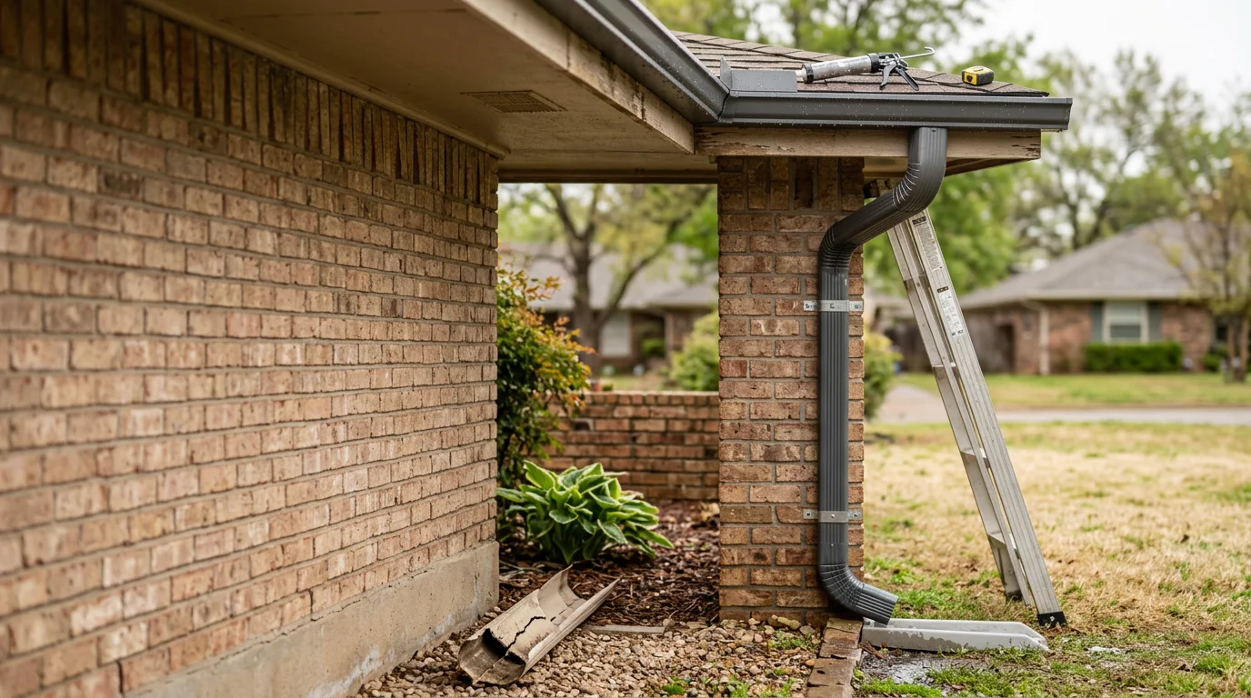 A repaired and properly secured downspout on a single-family home in Owasso, Oklahoma, directing water away from the foundation along a residential lot. The downspout is flush against the exterior wall with a correctly angled discharge extension pointing away from the home's base.