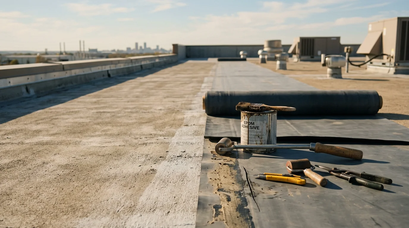 Close-up view of a fully installed black EPDM rubber membrane on a flat commercial roof in Owasso, Oklahoma, showing smooth bonded surface and sealed flashing at a rooftop penetration.