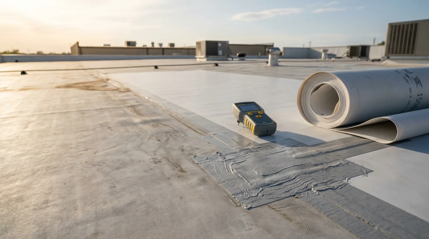 A flat roof on a commercial building in Owasso, Oklahoma, showing a smooth membrane surface with proper drainage slope and no visible ponding or damage. A Rescue Roofing crew member inspects the seam lines along the roof edge under clear Oklahoma skies.