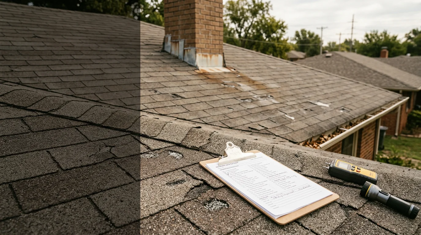 A Rescue Roofing inspector examining shingle condition and storm damage on a residential roof in Owasso, Oklahoma. Close-up view of the roof surface showing granule wear and flashing detail against a clear Oklahoma sky.