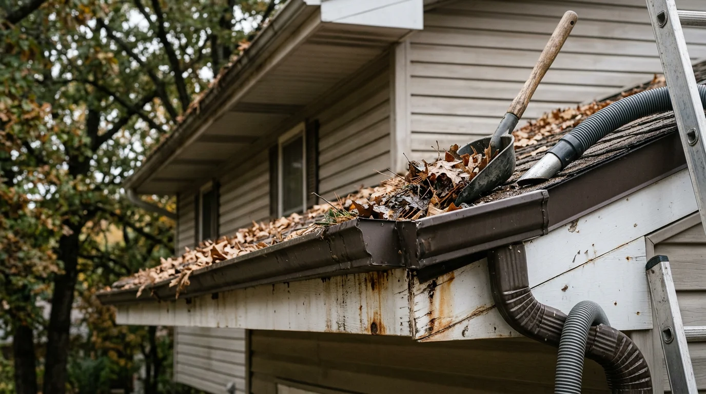 A Rescue Roofing technician removing compacted leaf debris and twigs from a residential gutter on an Owasso, OK home. The cleaned gutter section shows clear, open channels ready for proper water drainage.