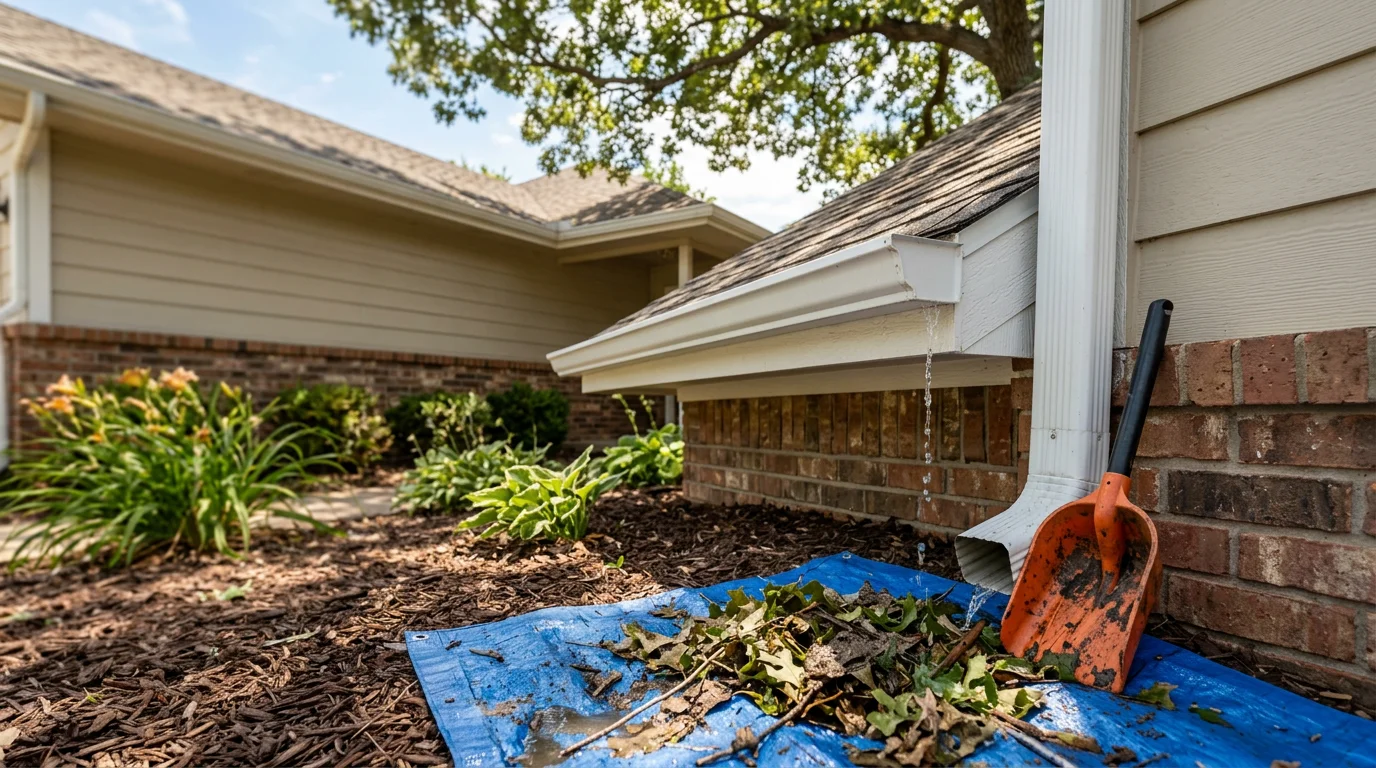 A Rescue Roofing crew member removing packed leaf debris and storm buildup from a residential gutter on a home in Owasso, Oklahoma. The cleared gutter channel shows restored drainage flow along the roofline.