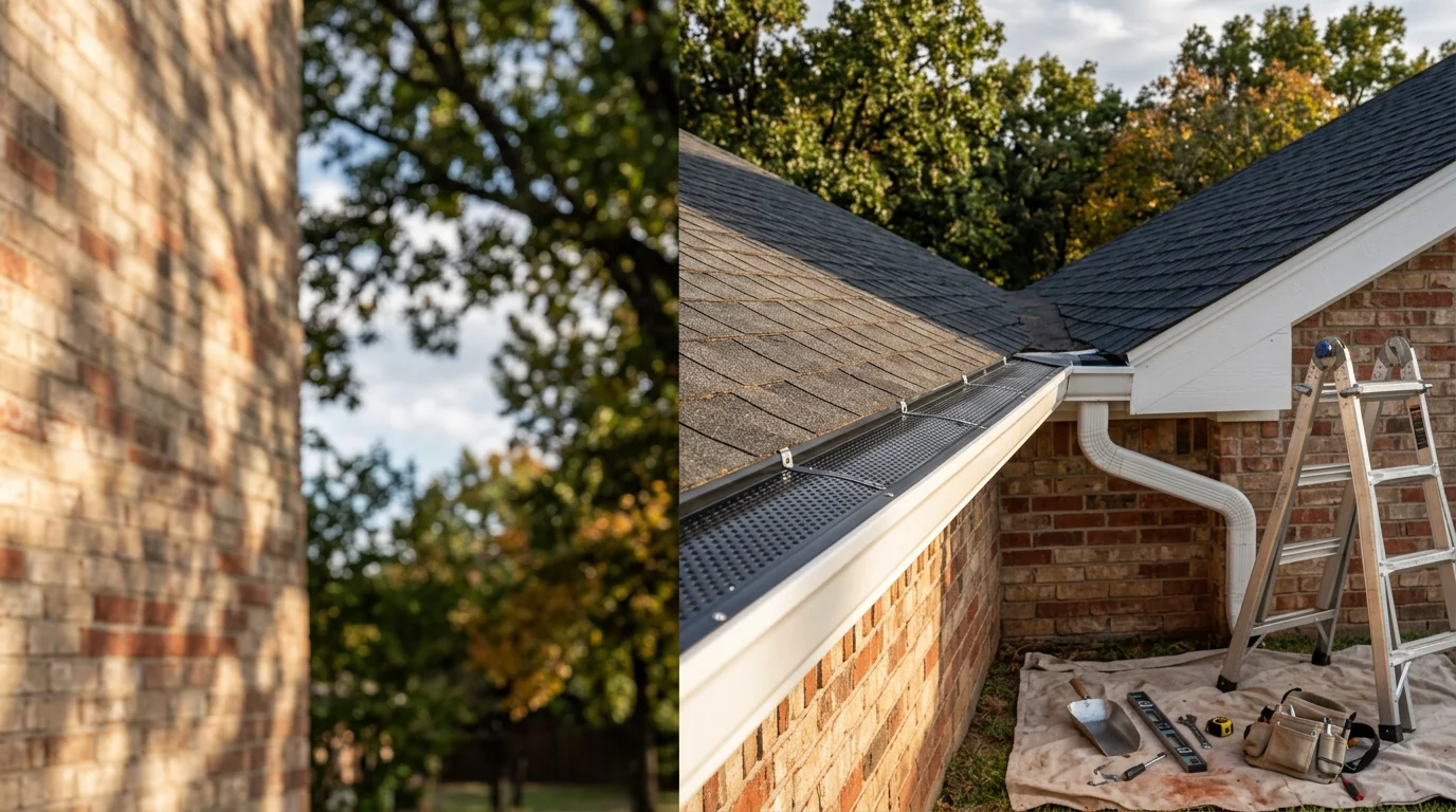 A Rescue Roofing technician securing gutter guards along the roofline of a single-story Owasso home surrounded by mature oak and pecan trees. Close-up view shows the fitted guard covering a clean gutter channel with no visible leaf or debris buildup.