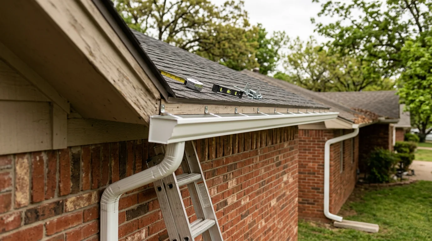 Newly installed gutters running along the roofline of a residential home in Owasso, Oklahoma, with downspouts directed away from the foundation. The fascia boards are clean and the gutter system is flush against the roof edge on a clear day.