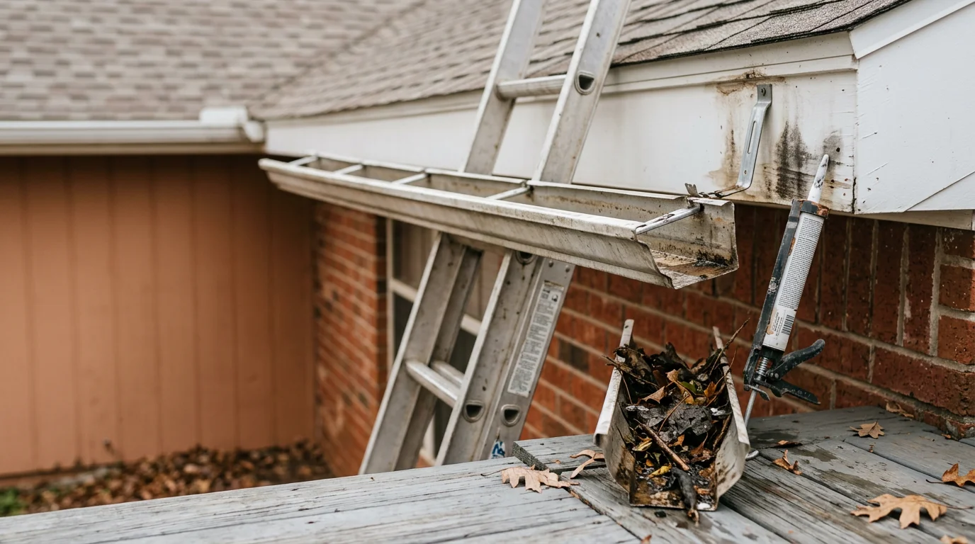 A Rescue Roofing technician resealing a leaking gutter joint on a residential home in Owasso, Oklahoma. The repaired section shows clean fascia and a properly aligned downspout directing water away from the foundation.