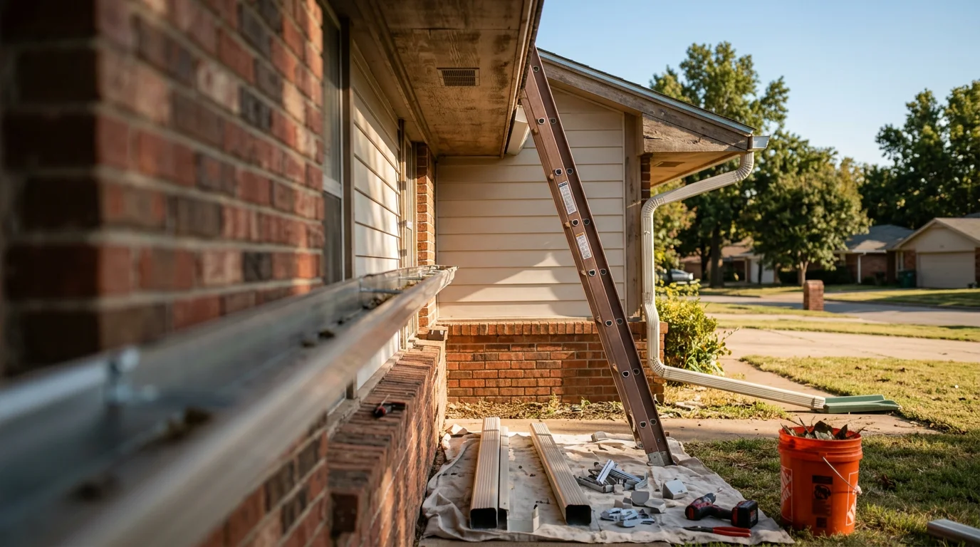 A repaired residential gutter and downspout on an Owasso, Oklahoma home, showing a secure hanger connection and clean fascia board after storm damage repair.