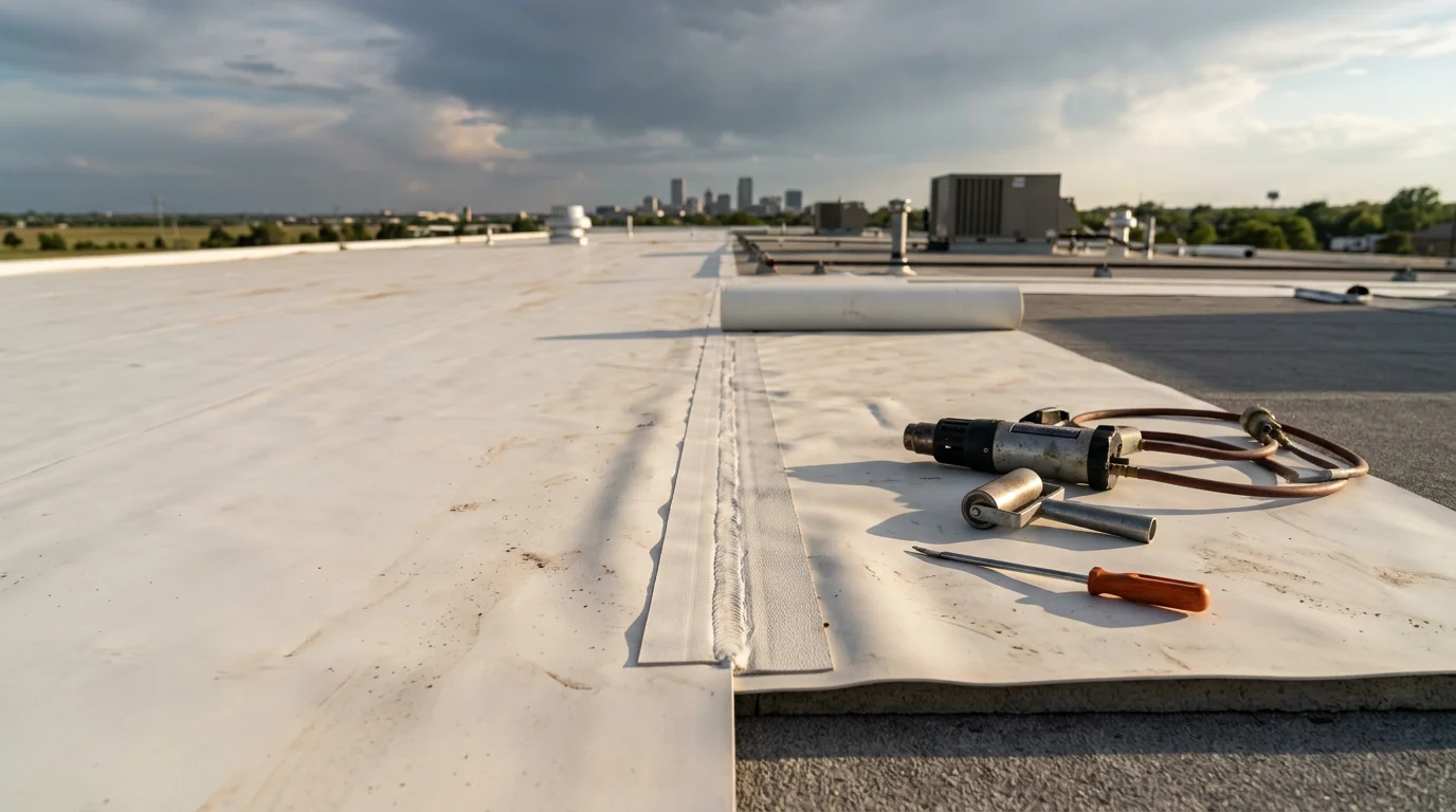 Industrial flat roof on a large commercial facility in Owasso, Oklahoma, showing a low-slope membrane roofing system following inspection and repair work. The surrounding landscape reflects the northeast Oklahoma region served by Rescue Roofing.