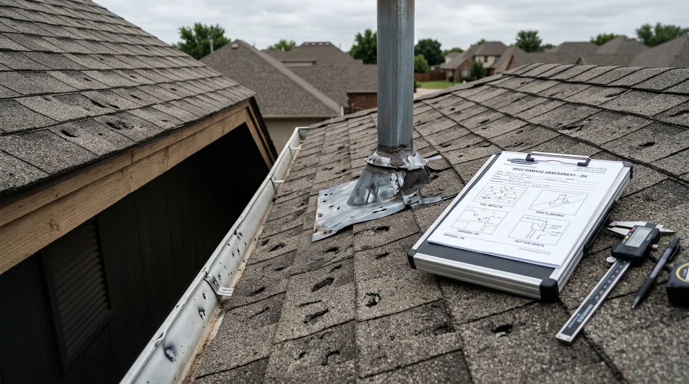 A Rescue Roofing crew member inspecting hail damage on a residential roof in Owasso, Oklahoma, documenting shingle impact marks and granule loss for an insurance claim.