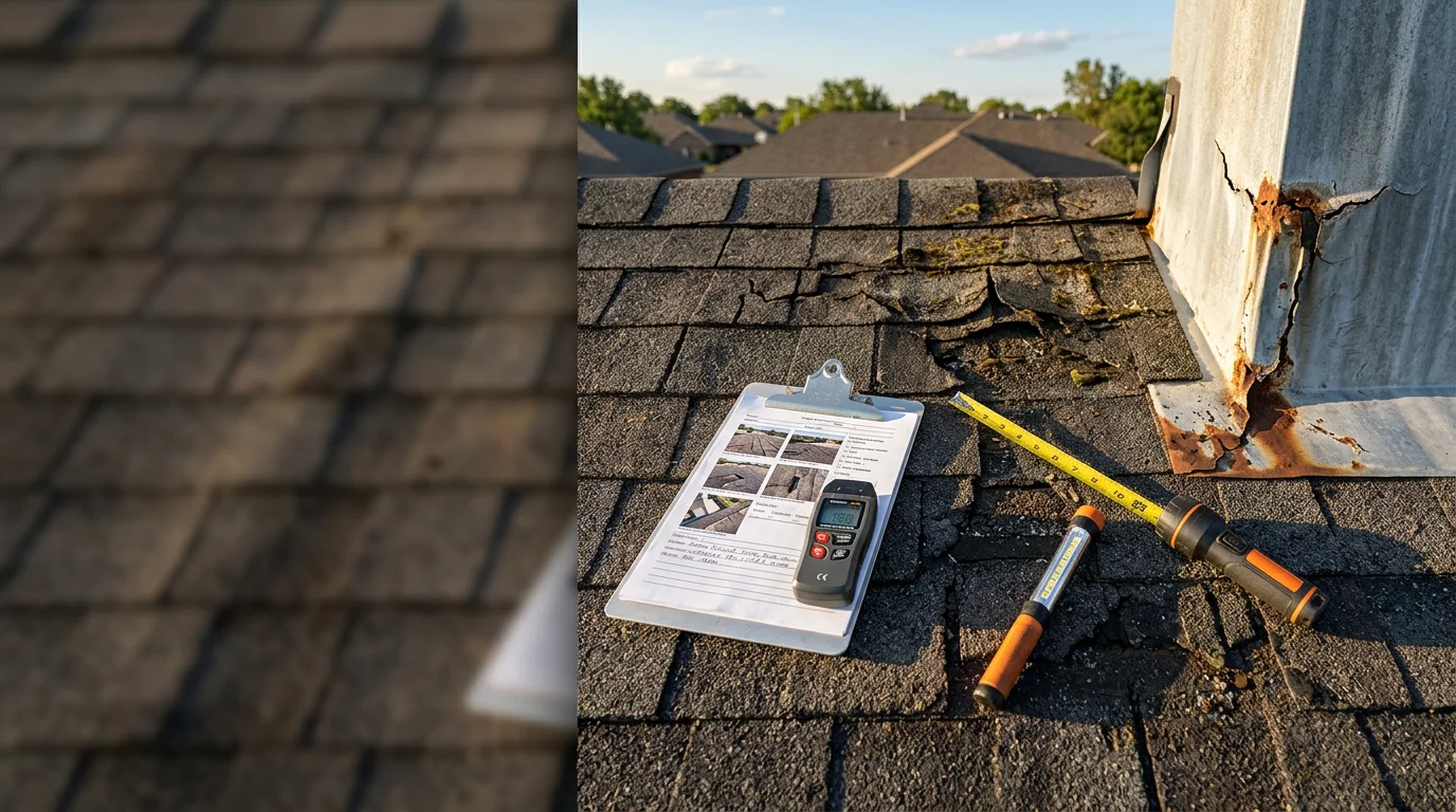 A Rescue Roofing crew member inspecting hail damage on a residential roof in Owasso, Oklahoma, with visible granule loss and shingle bruising documented for an insurance claim.