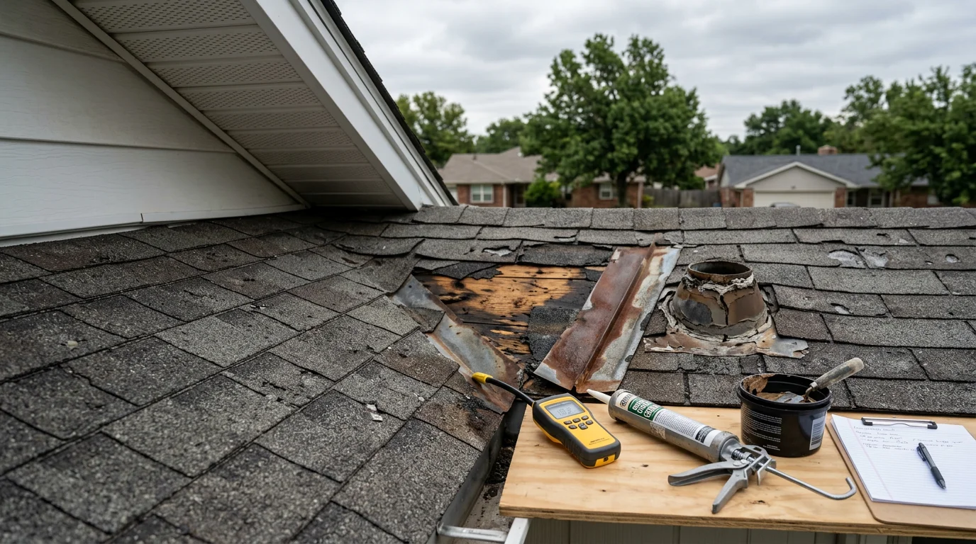 A Rescue Roofing crew member inspecting damaged shingles and flashing on a residential roof in Owasso, Oklahoma after a hail storm. Close-up view shows granule loss and a compromised pipe boot where water was entering the home.