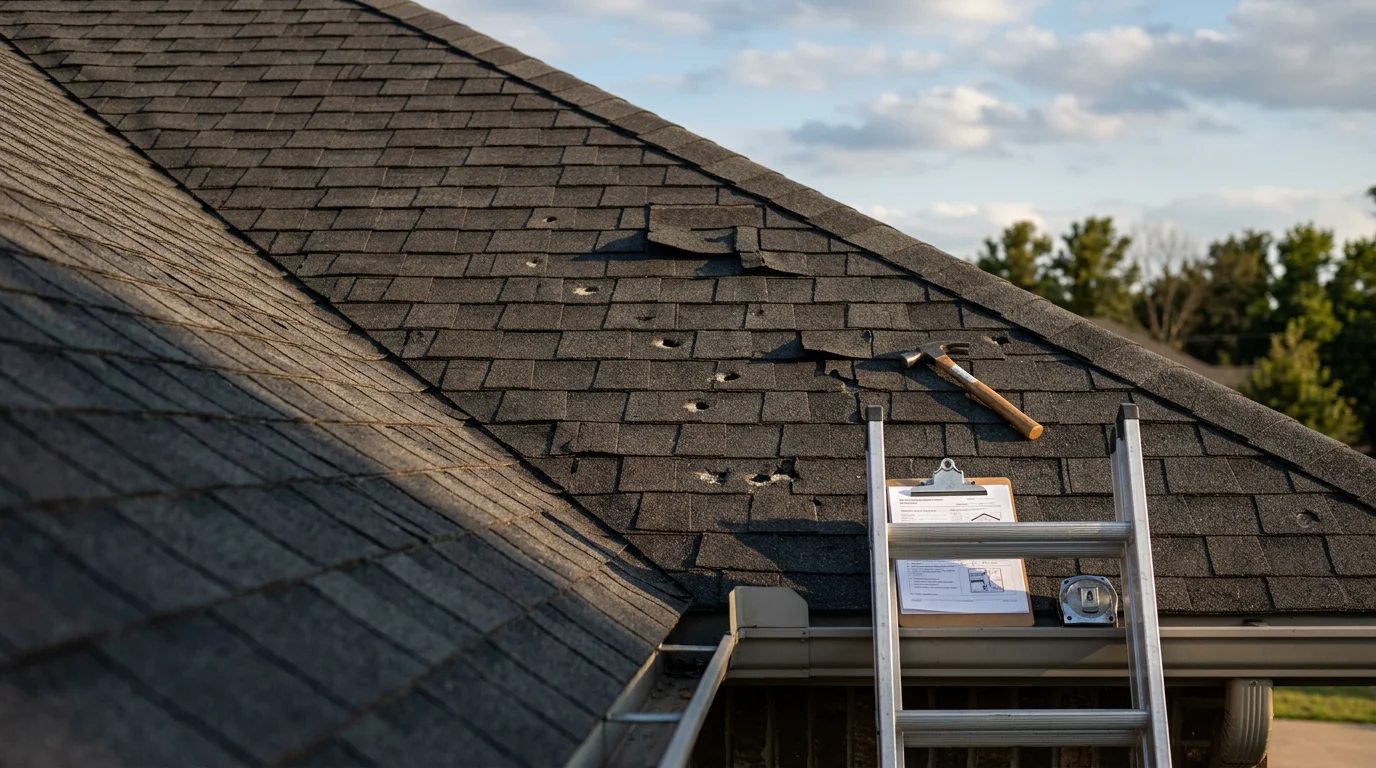 A residential home in Owasso, Oklahoma with a newly completed roof replacement showing clean ridge lines and intact shingles after storm season repairs. A Rescue Roofing crew member inspects the finished roof from the ground level on a clear day.