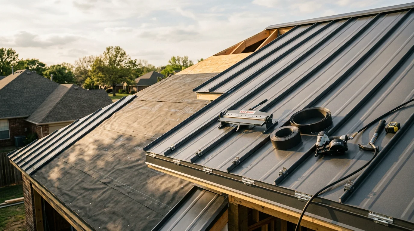 A completed metal roof installation on a residential home in Owasso, Oklahoma, showing clean panel lines, finished ridge cap, and properly sealed flashing at the eaves. The surrounding neighborhood and clear Oklahoma sky are visible in the background.