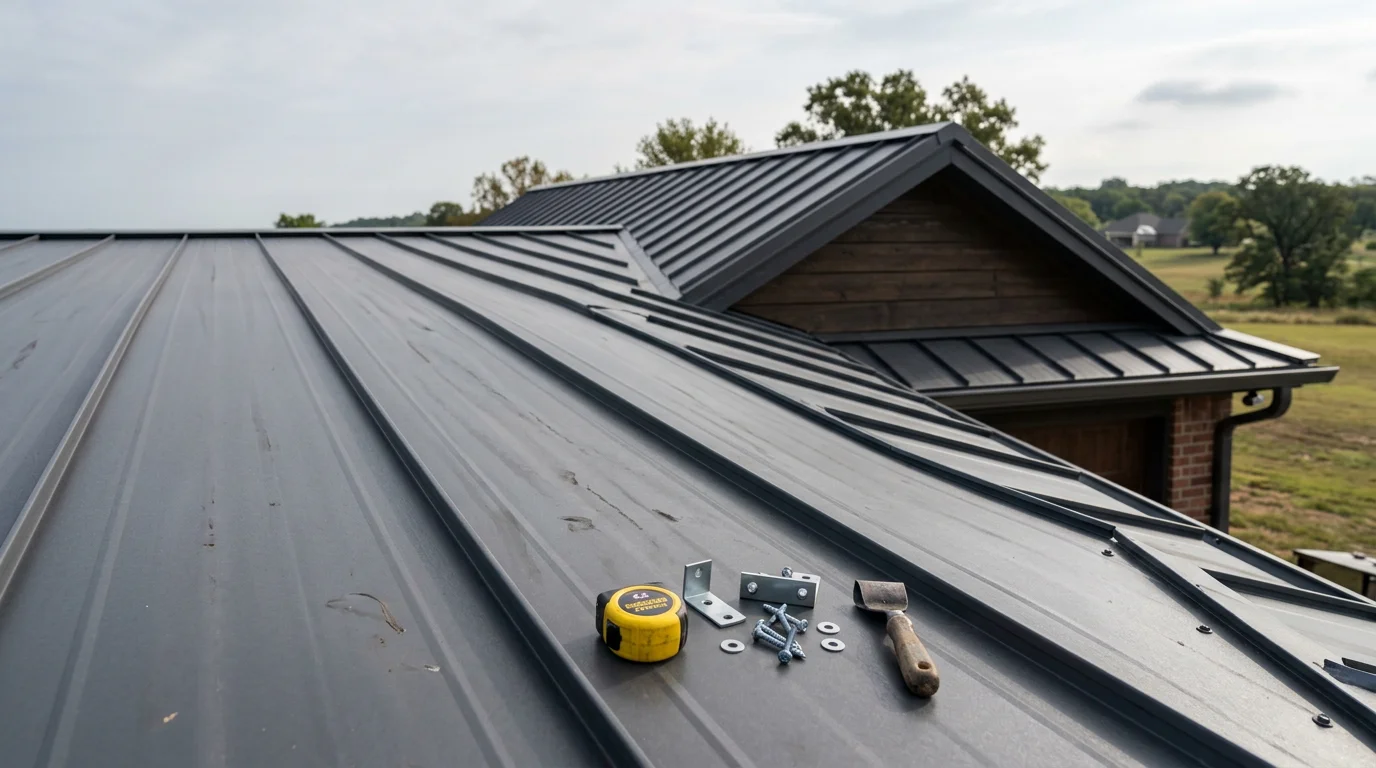 Completed metal roof installation on a residential home in Owasso, Oklahoma, showing standing seam panels under a clear sky. The roof covers a single-family home in a northeast Oklahoma neighborhood.