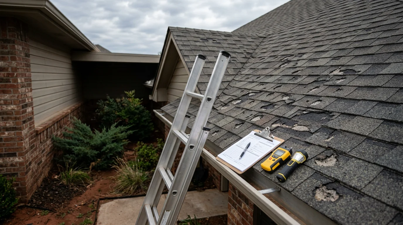 A Rescue Roofing inspector examining shingles and flashing up close on a residential roof in Owasso, Oklahoma. The image shows a hands-on point roof inspection in progress, with visible granule wear and flashing details under clear Oklahoma sky.