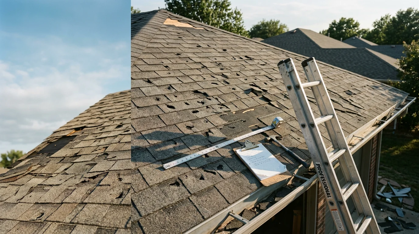 A Rescue Roofing contractor standing on a residential rooftop in Owasso, Oklahoma, reviewing storm damage during a free estimate visit. The image shows a typical suburban home roof with visible shingle wear being assessed under clear Oklahoma skies.