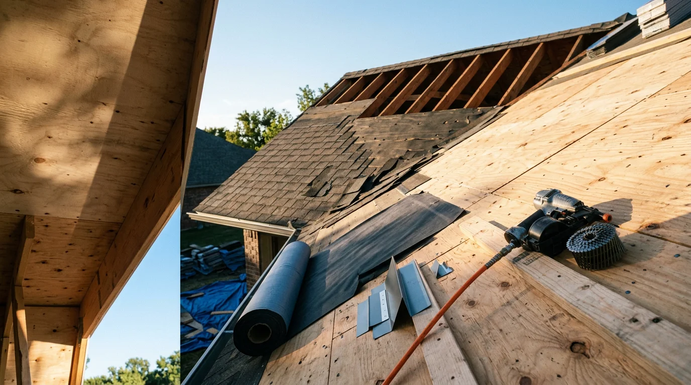 A completed residential roof replacement on a single-family home in Owasso, Oklahoma, showing new architectural shingles installed across the full roofline. The home sits in a residential neighborhood typical of the Owasso area, with a clean roofline and finished ridge cap visible against a clear sky.