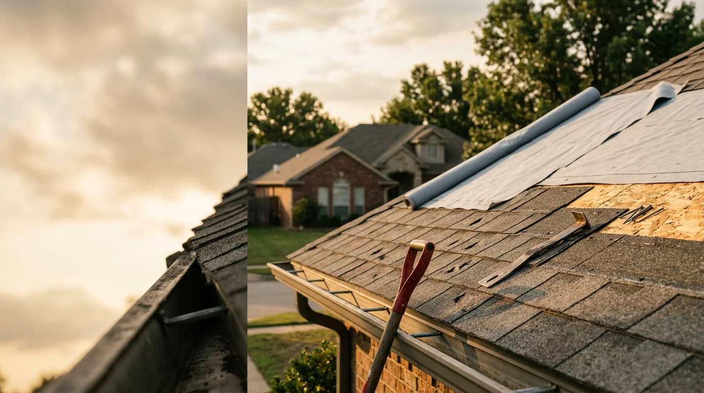 A residential home in Owasso, Oklahoma with a newly completed roof replacement showing clean shingle lines and intact flashing along the ridge and eaves. The surrounding neighborhood reflects the suburban character of northeast Oklahoma.