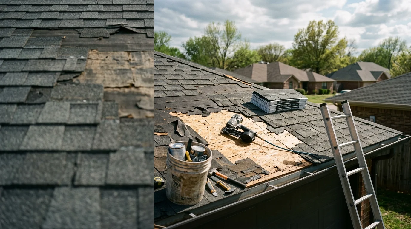 A residential home in Owasso, Oklahoma with a newly completed roof replacement, showing clean rooflines against a clear sky. A Rescue Roofing crew works on a neighboring home visible in the background.