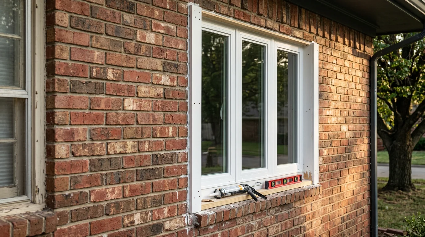 A newly installed double-hung window on the exterior of a single-story Owasso, Oklahoma home, showing clean frame lines and tight weathersealing against a clear sky. The surrounding brick exterior is undamaged, with no visible gaps or frame deterioration around the window opening.