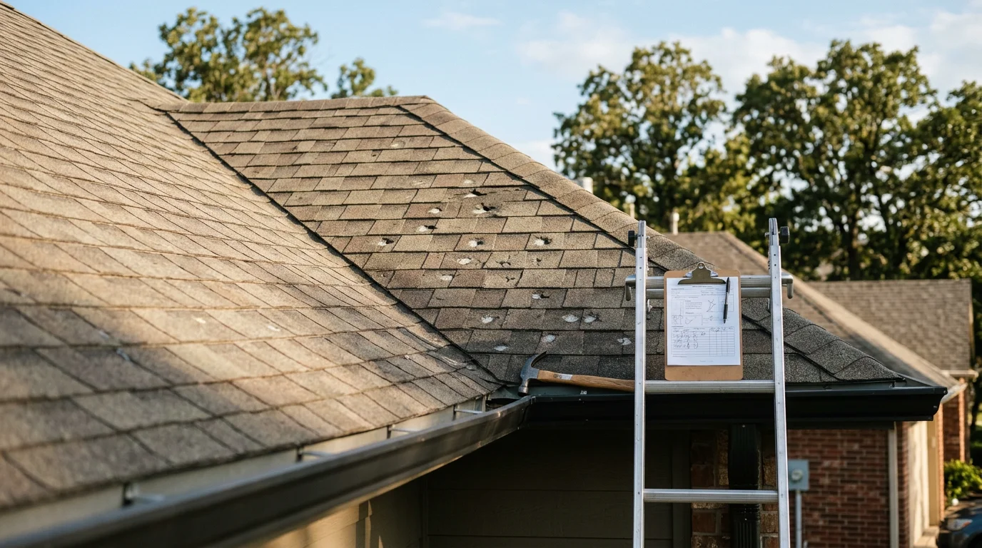 A residential roof in Owasso, Oklahoma showing completed shingle work on a suburban home under clear skies. A Rescue Roofing crew member conducts a post-installation inspection on the finished roof surface.