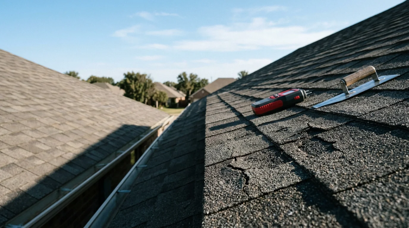 A repaired residential roof in Owasso, Oklahoma showing replaced shingles and intact flashing after hail and wind storm damage. Close-up view of the completed repair area against a typical northeast Oklahoma suburban home roofline.
