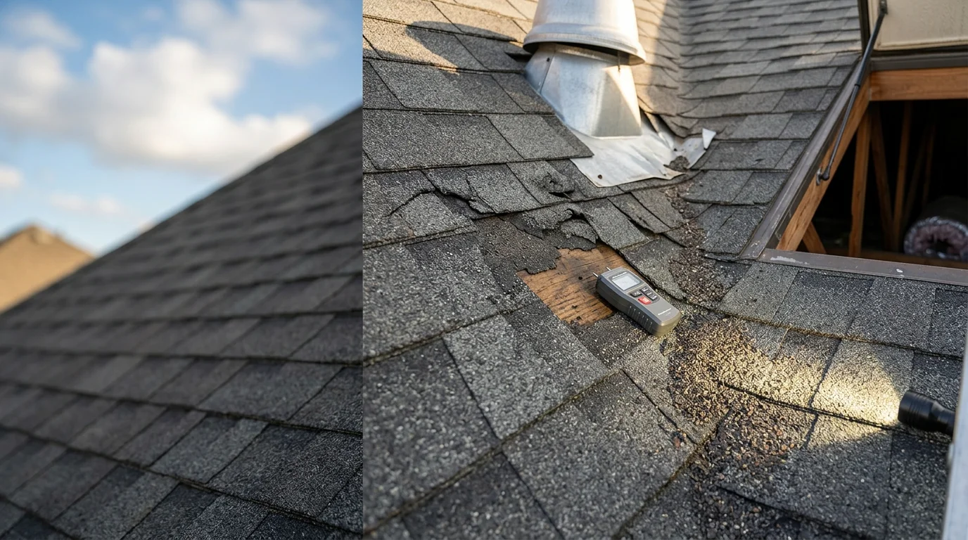 A Rescue Roofing contractor inspecting shingles and flashing on a residential roof in Owasso, Oklahoma after a hail storm. Close-up view shows granule loss and impact marks consistent with Oklahoma severe weather damage.