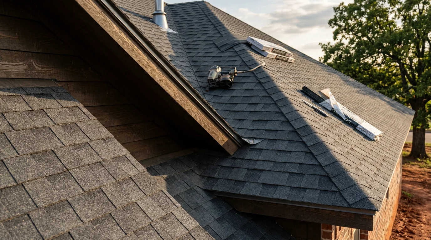 A completed residential roof installation on a single-family home in Owasso, Oklahoma, showing new roofing materials, clean ridge lines, and finished flashing details against a clear sky.