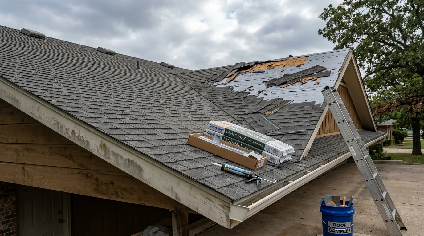 A Rescue Roofing crew repairing storm-damaged shingles and flashing on a residential roof in Owasso, Oklahoma. Close-up view shows replaced shingles and sealed flashing along a roof valley after hail damage.