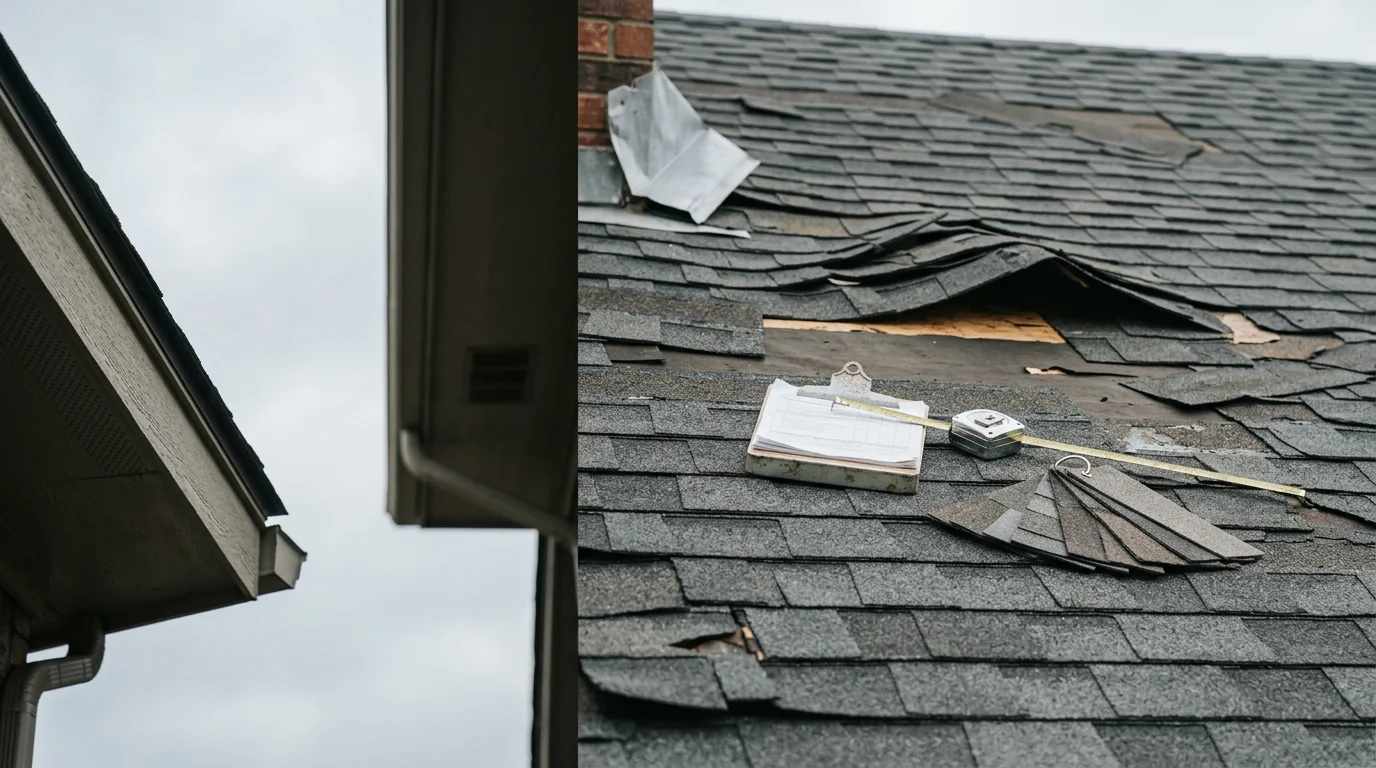 A residential roof in Owasso, Oklahoma showing wind-lifted and missing shingles along the ridge line after a severe storm. A roofing contractor inspects the damaged area from a ladder against the side of the home.