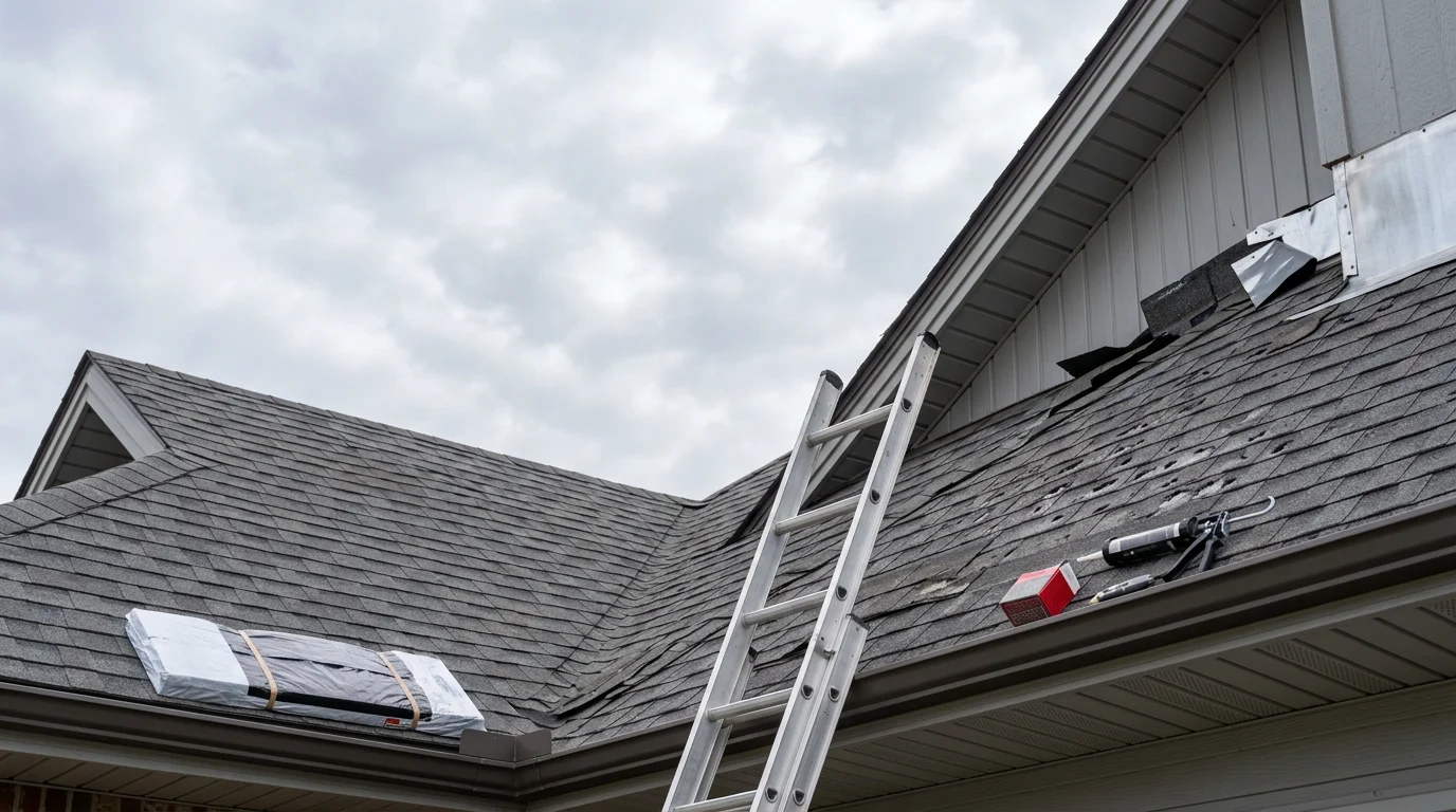 A repaired residential roof in Owasso, Oklahoma showing replaced shingles and sealed flashing along the ridge line after hail storm damage. The home sits in a typical northeast Oklahoma neighborhood under a clear sky following severe weather.