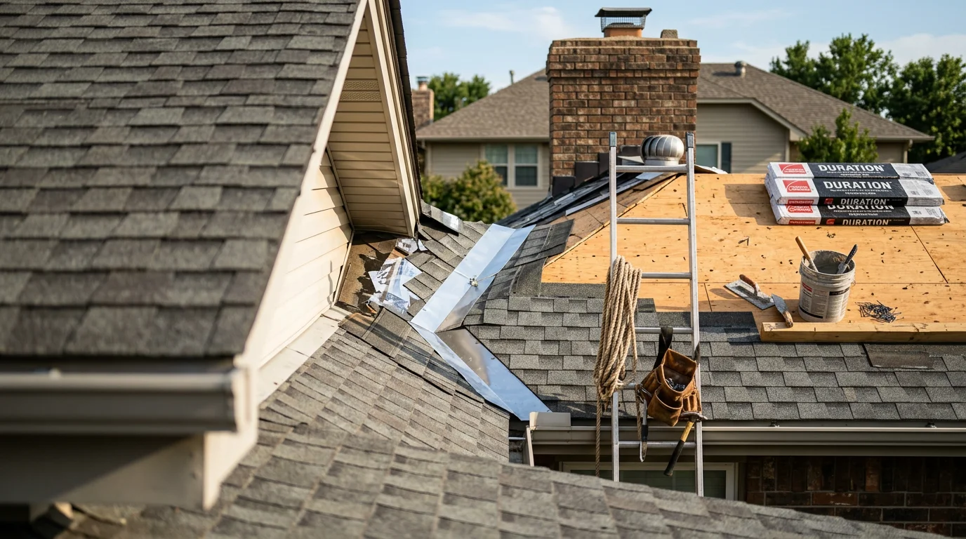 A residential roof in Owasso, Oklahoma showing a completed shingle repair on a storm-damaged section, with replaced flashing and uniform shingle lines visible against a clear sky.