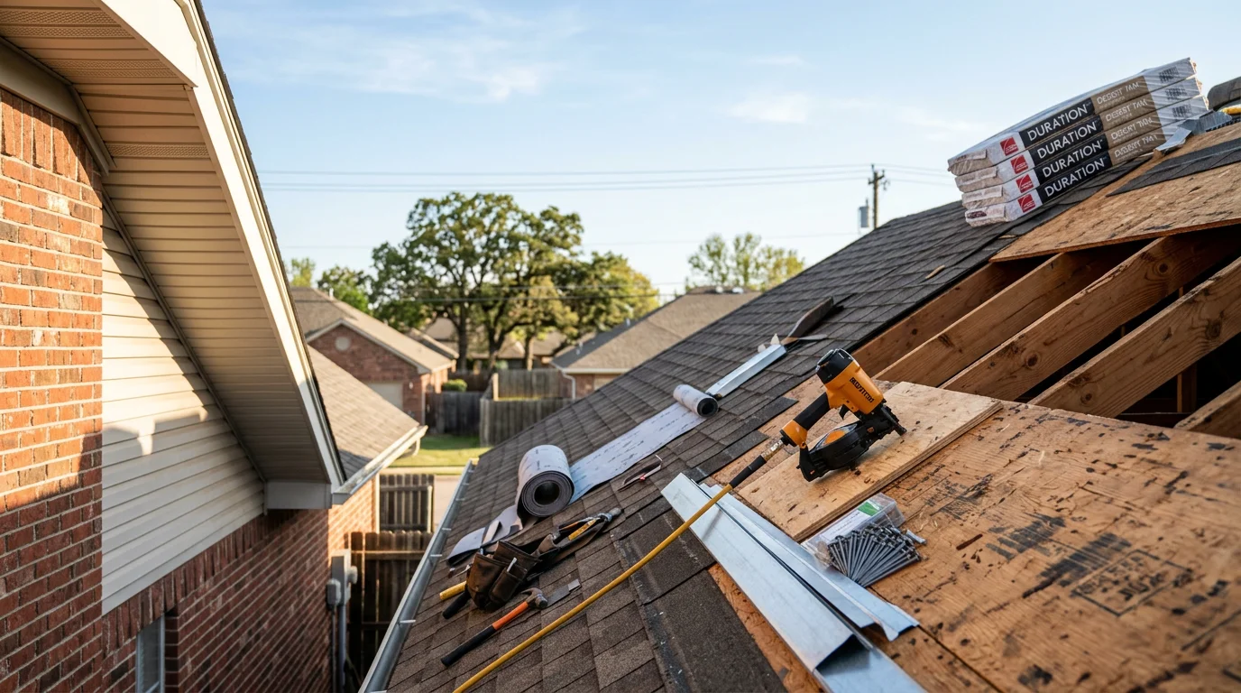A completed residential roof replacement on an Owasso, Oklahoma home, showing new roofing installed across the full slope with clean ridge lines and no visible storm damage.