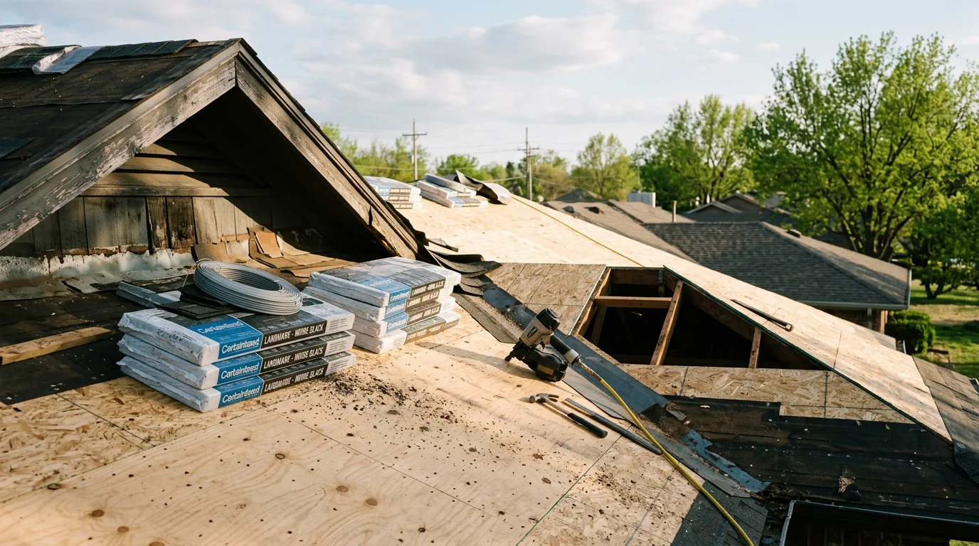 A completed roof replacement on a residential home in Owasso, Oklahoma, showing new shingles installed across the full roofline. The surrounding neighborhood reflects the suburban character of northeast Tulsa County.