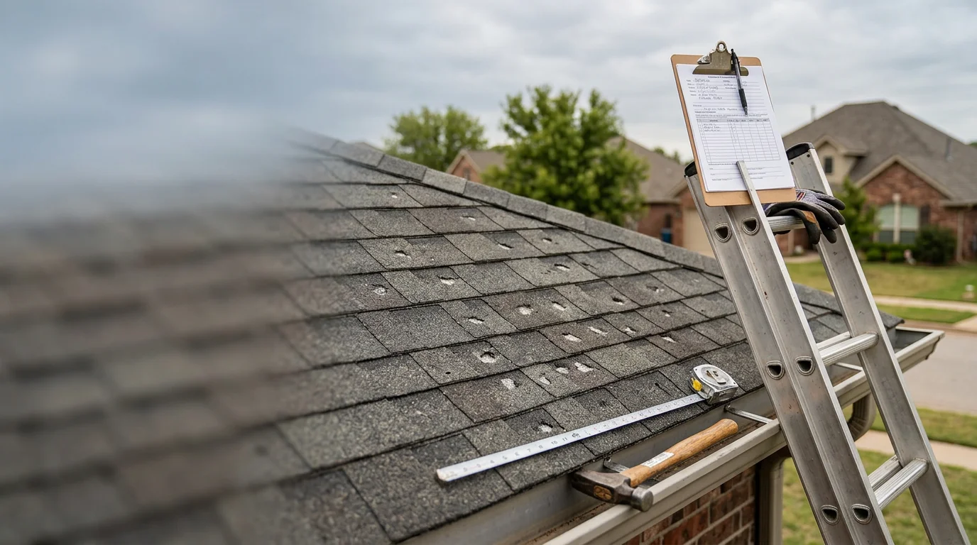 A residential roof in Owasso, Oklahoma showing completed shingle replacement work on a single-family home. Clear sky visible above the finished roofline with surrounding Green Country neighborhood in the background.